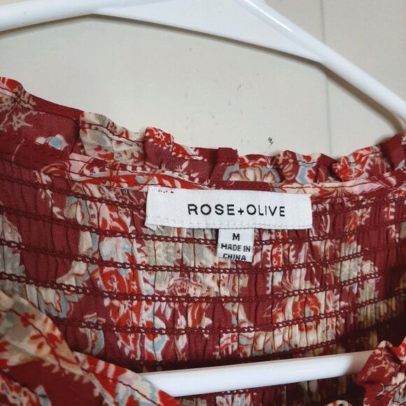 Rose + Olive Blouse Red Women Size M Boho Tassels Paisley Long Sleeve Button Up - Picture 4 of 11